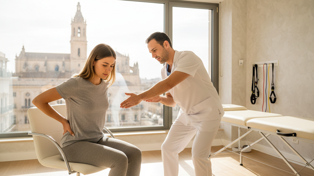 Mujer con dolor lumbar recibiendo fisioterapia en una clínica de Murcia, mostrando apoyo profesional y ambiente local
