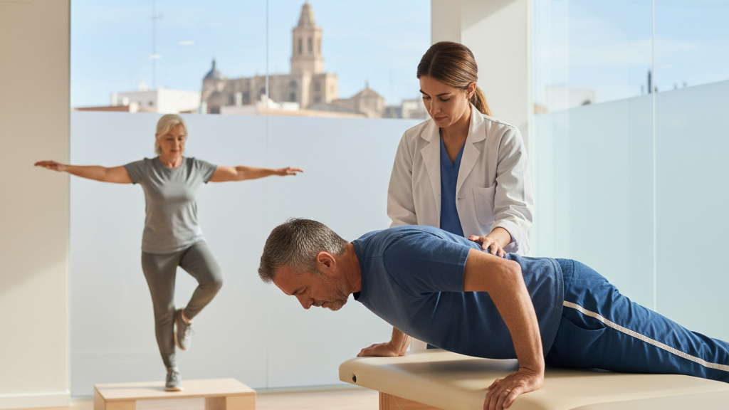 Fisioterapeuta en Murcia guiando ejercicio de movimiento consciente para prevenir dolor lumbar y caídas