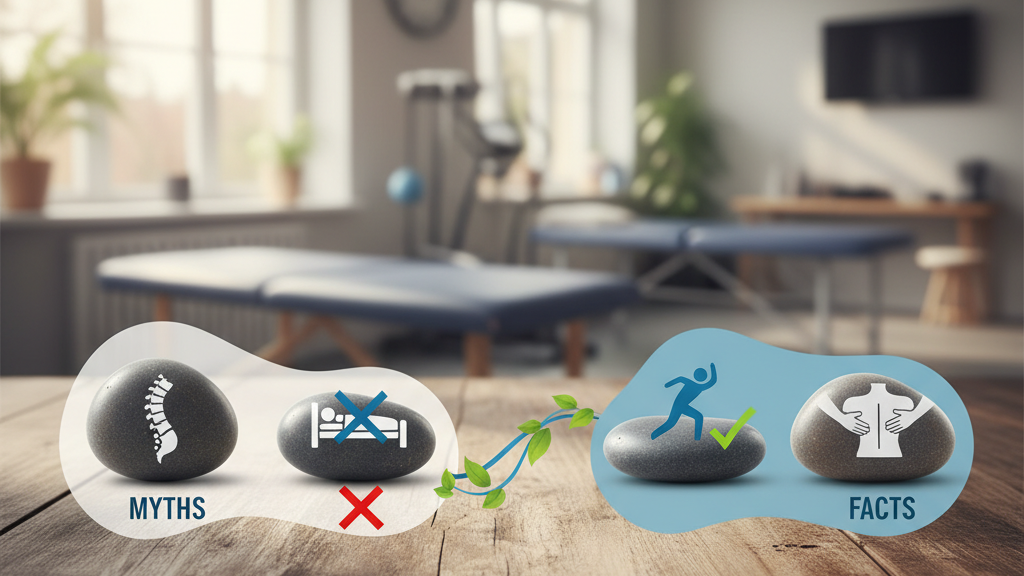 Mitos y realidades del dolor lumbar Infografía que desmonta mitos comunes sobre el dolor lumbar y muestra la efectividad de la fisioterapia