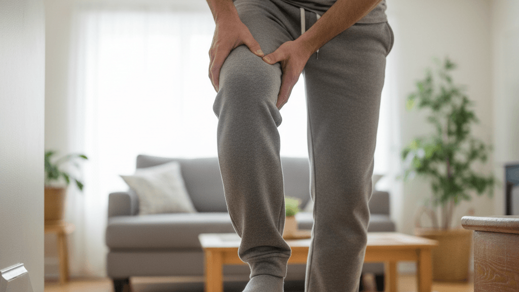 Imagen que muestra a una persona subiendo escaleras con una rodilla visible y una ligera molestia, ilustrando el dolor de rodilla al subir escaleras qué hacer para aliviarlo.
