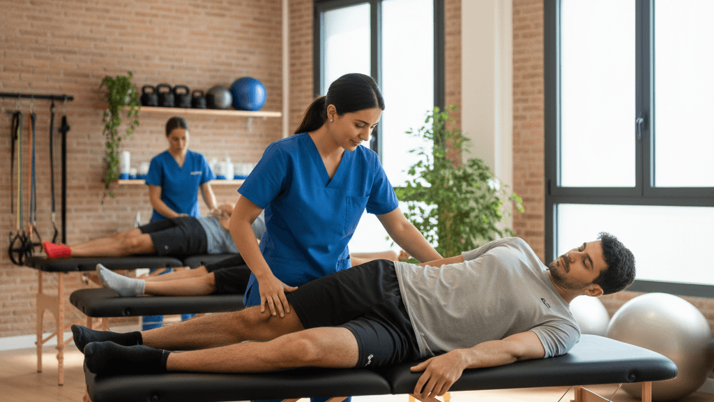 Fisioterapeuta Murcia aplicando terapia manual para dolor de rodilla al subir escaleras