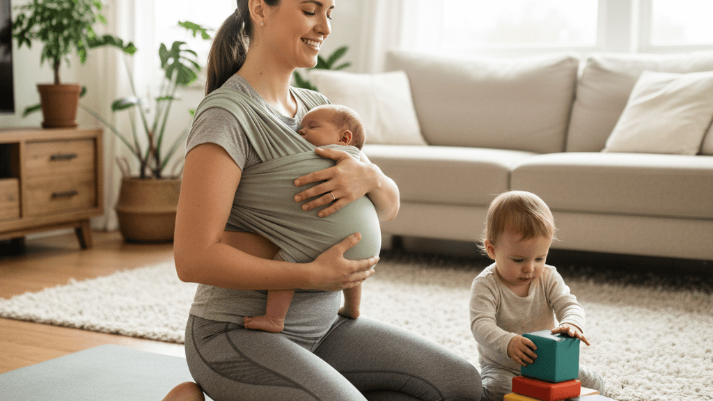 Ejercicio de activación pélvica postparto en posición sentada, recomendado para nuevas madres