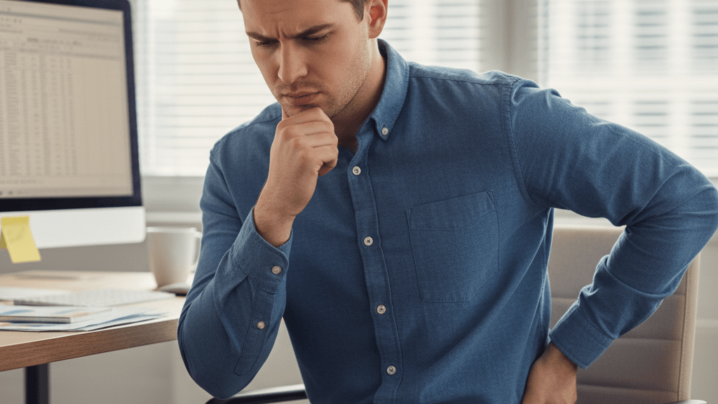 Imagen que muestra a una persona con una expresión de incomodidad, simbolizando el dolor que aparece sin motivo qué significa, destacando la relación con el estrés, la postura y la necesidad de atención médica.