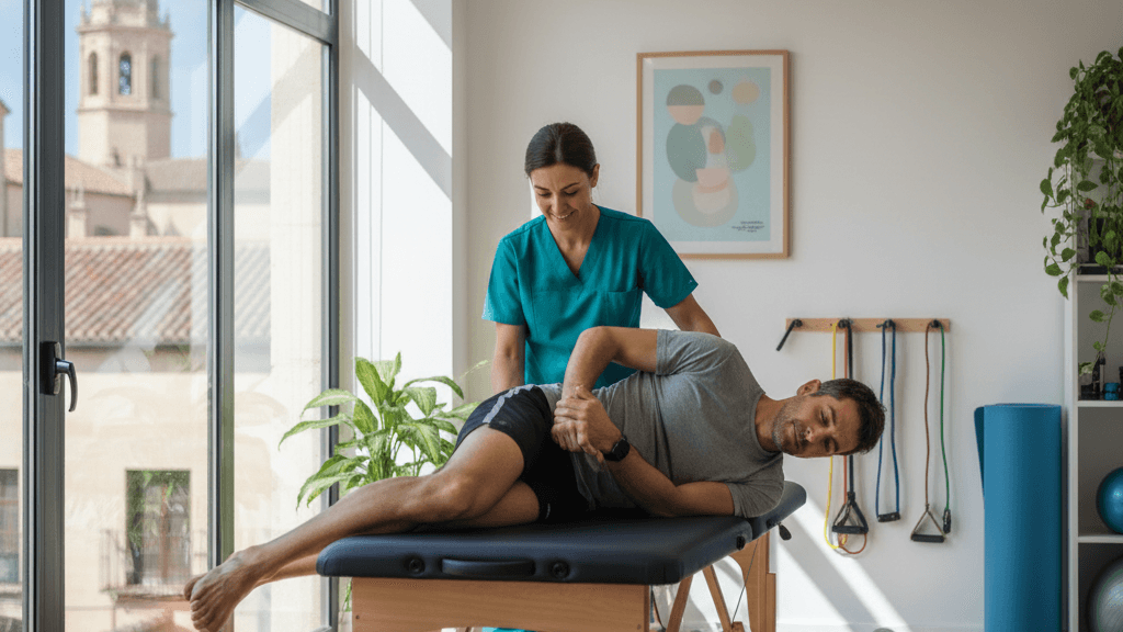 Imagen del mejor fisio en Murcia para recuperación, Andrea Palazzolo, atendiendo a un paciente en una clínica moderna con enfoque personalizado y terapias manuales.