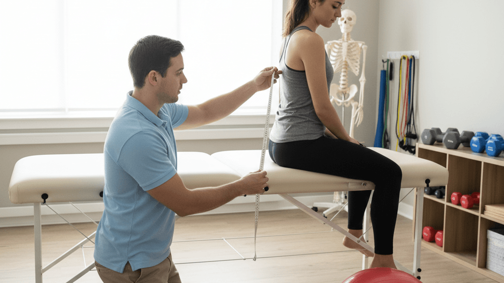 Imagen que muestra cómo saber si necesito fisioterapia, con una persona recibiendo evaluación postural en una clínica de fisioterapia.