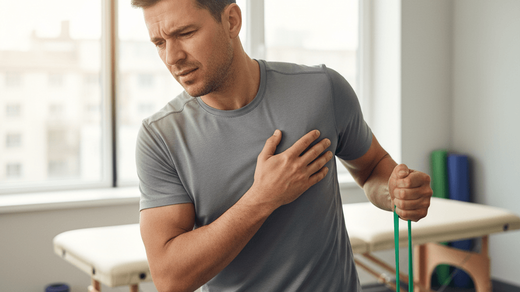 Diagram of intercostal strain, pectoral injury and diaphragm spasm causing chest pain