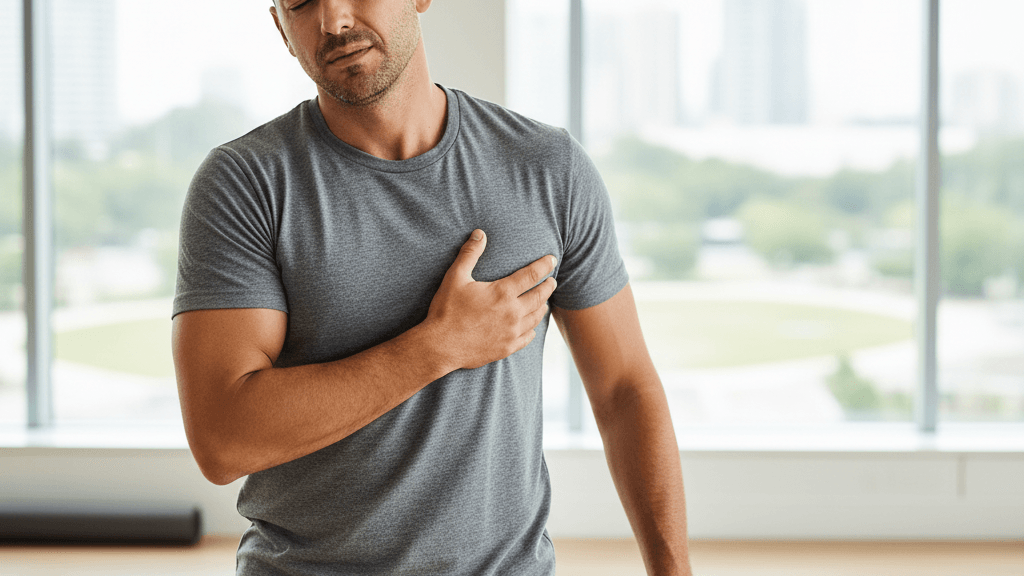 Imagen que muestra el pecho dolorido al girar o estirar, indicando origen muscular
