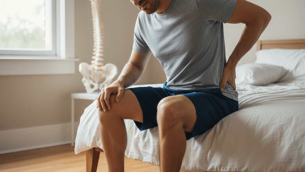 Persona con dolor lumbar y hormigueo en la pierna, síntoma de Ciática