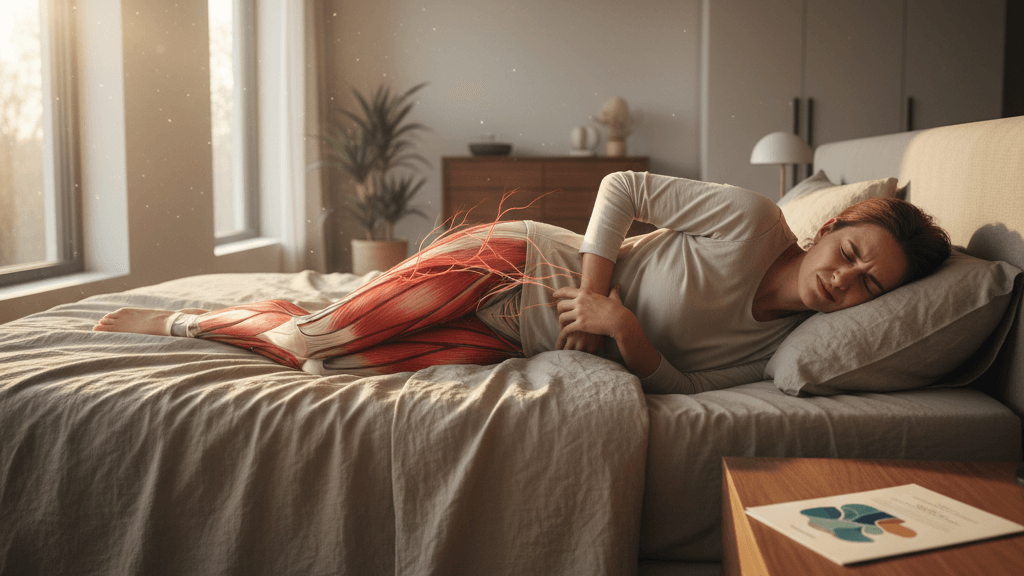 Imagen que ilustra Por qué tu dolor no desaparece aunque descanses, mostrando a una persona en la cama con expresión de molestia y signos de inflamación muscular, reflejando la persistencia del dolor pese al reposo.