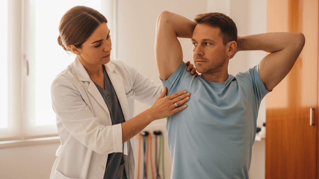Imagen que muestra a un fisioterapeuta evaluando el dolor en el pecho al moverse causas musculares en un paciente, resaltando la zona torácica y los ejercicios de estiramiento