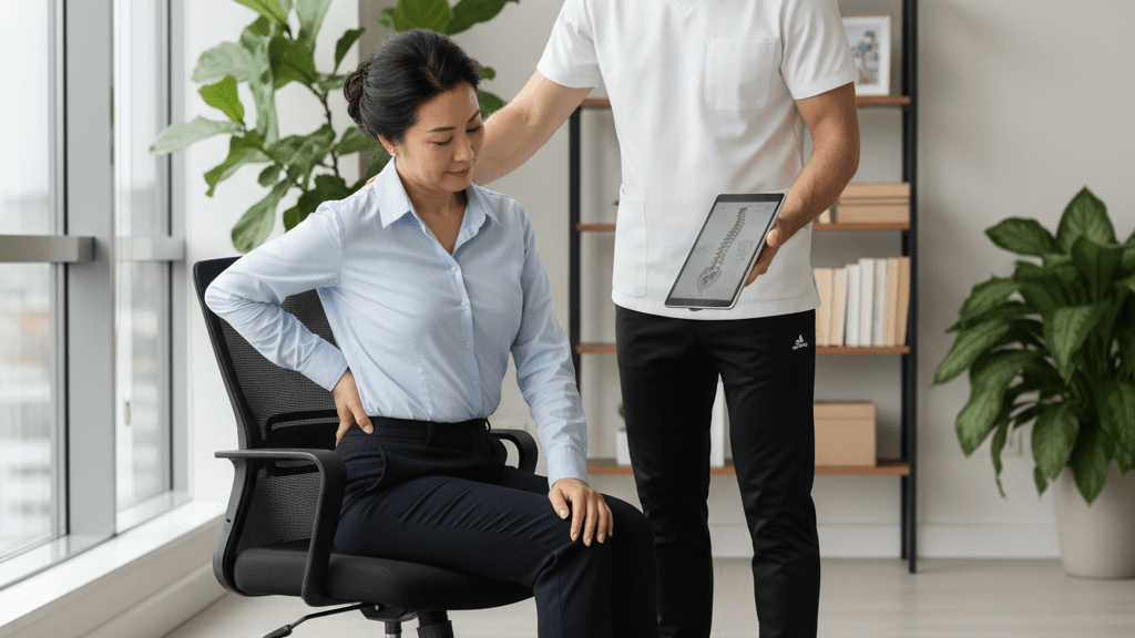 Imagen que muestra a una persona recibiendo ayuda de un fisioterapeuta para aliviar el Dolor lumbar, con ejercicios de estiramiento y corrección postural en un entorno cómodo.