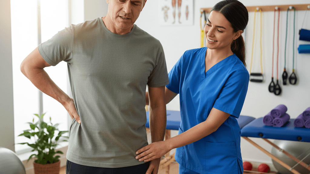 Imagen que muestra la Ciática con una persona señalando dolor lumbar y en la pierna mientras un fisioterapeuta le guía en ejercicios para aliviar la Ciática
