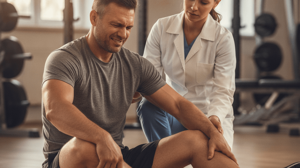 Dolor después de entrenar visible en una persona que muestra agujetas en los muslos mientras recibe la ayuda de un fisioterapeuta en un gimnasio, ilustrando la diferencia entre dolor normal y lesión.