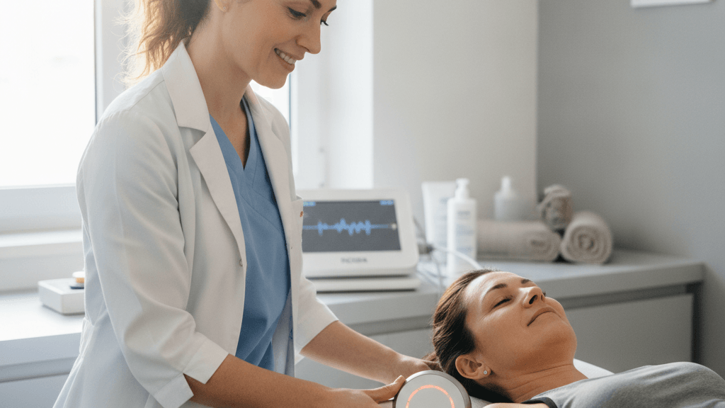 Fisioterapeuta especializada en INDIBA mostrando certificación