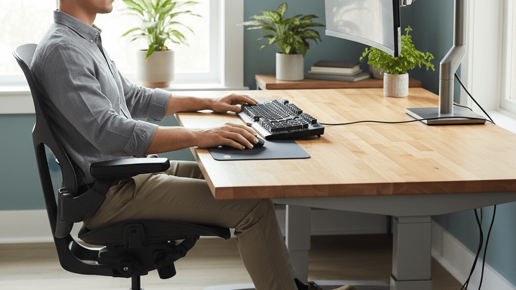 Configuración ergonómica del escritorio con monitor a nivel de los ojos y silla con soporte lumbar