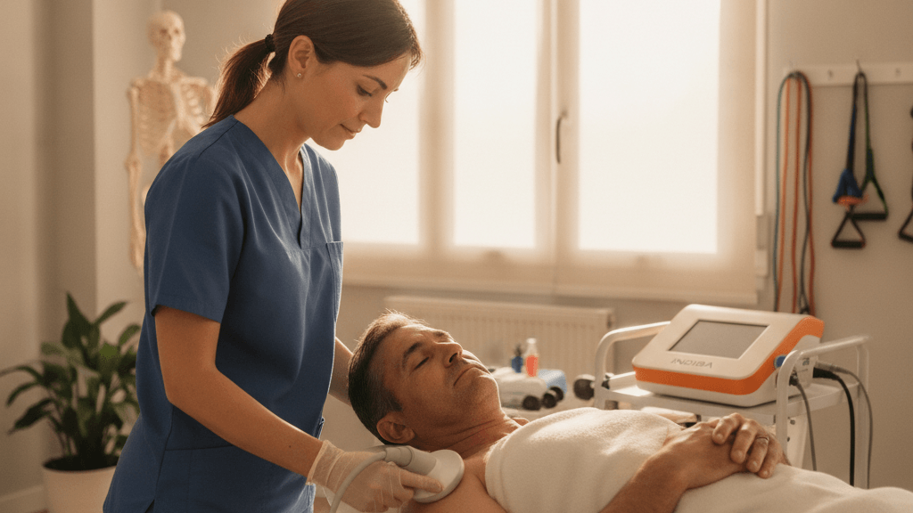 Terapia INDIBA Murcia en una clínica de fisioterapia, con un fisioterapeuta aplicando el dispositivo de radiofrecuencia a un paciente