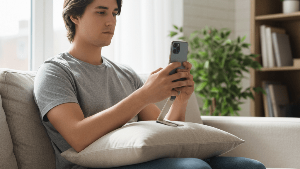 Ejemplo de postura correcta al usar el móvil, con la pantalla a la altura de los ojos
