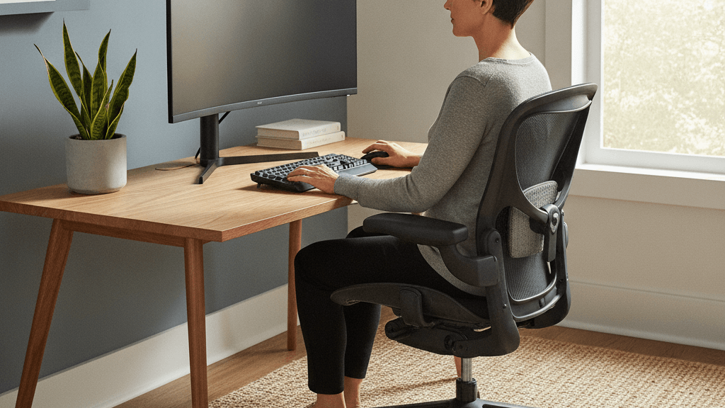 Imagen que muestra cómo organizar tu escritorio y ajustar la silla para evitar el dolor lumbar mientras trabajas desde casa
